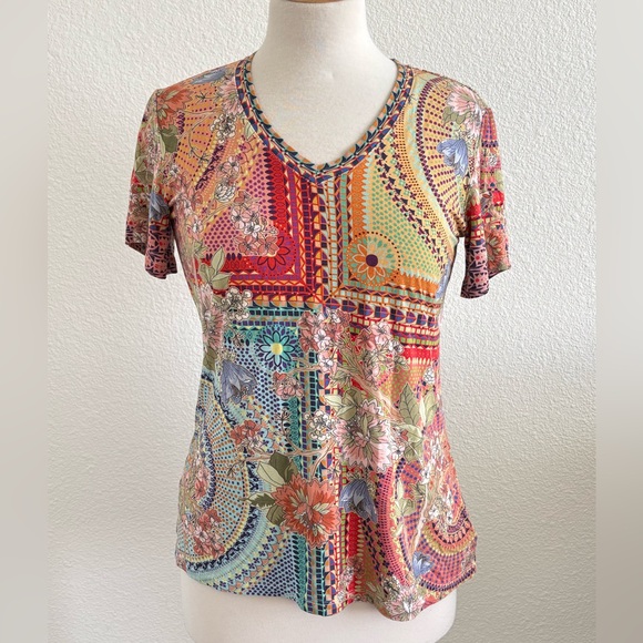 Johnny Was Tops - JOHNNY WAS Catalina Block T-Shirt Colorful Floral Short Sleeve Tee Boho Size XS
